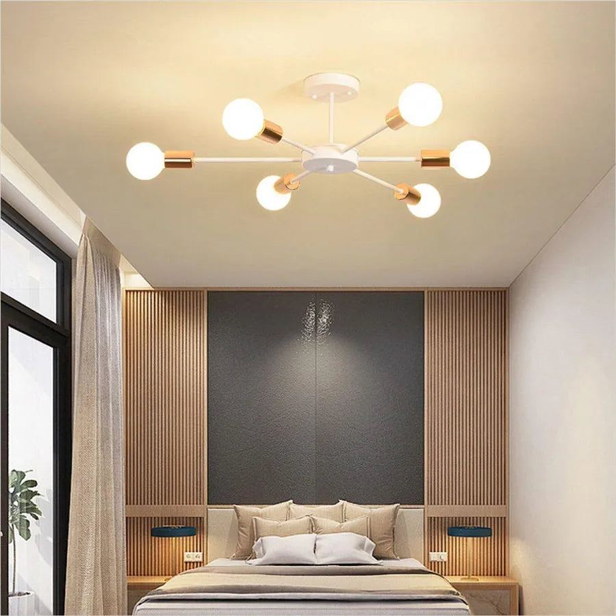 Modern flush mount ceiling light in bedroom with warm LED lighting and minimalist design