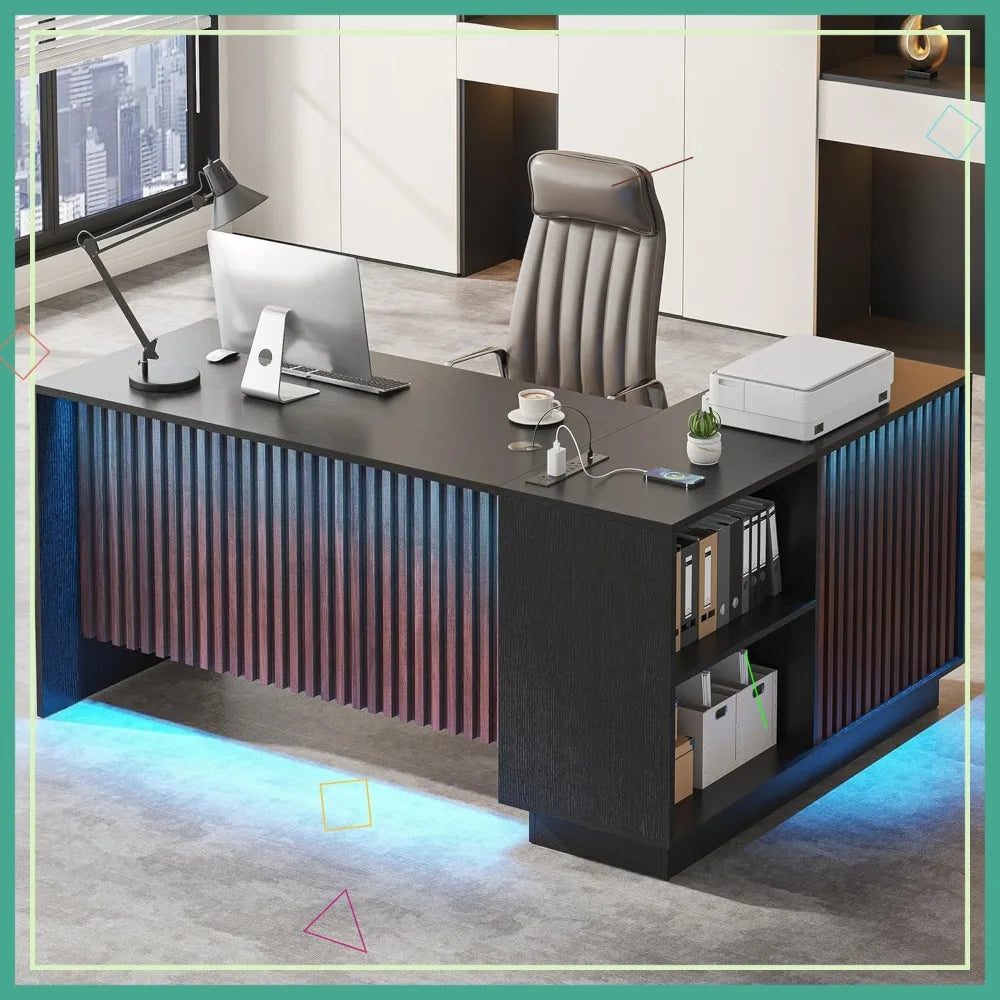 Executive Desk/LED Lights/Charging Station & Storage