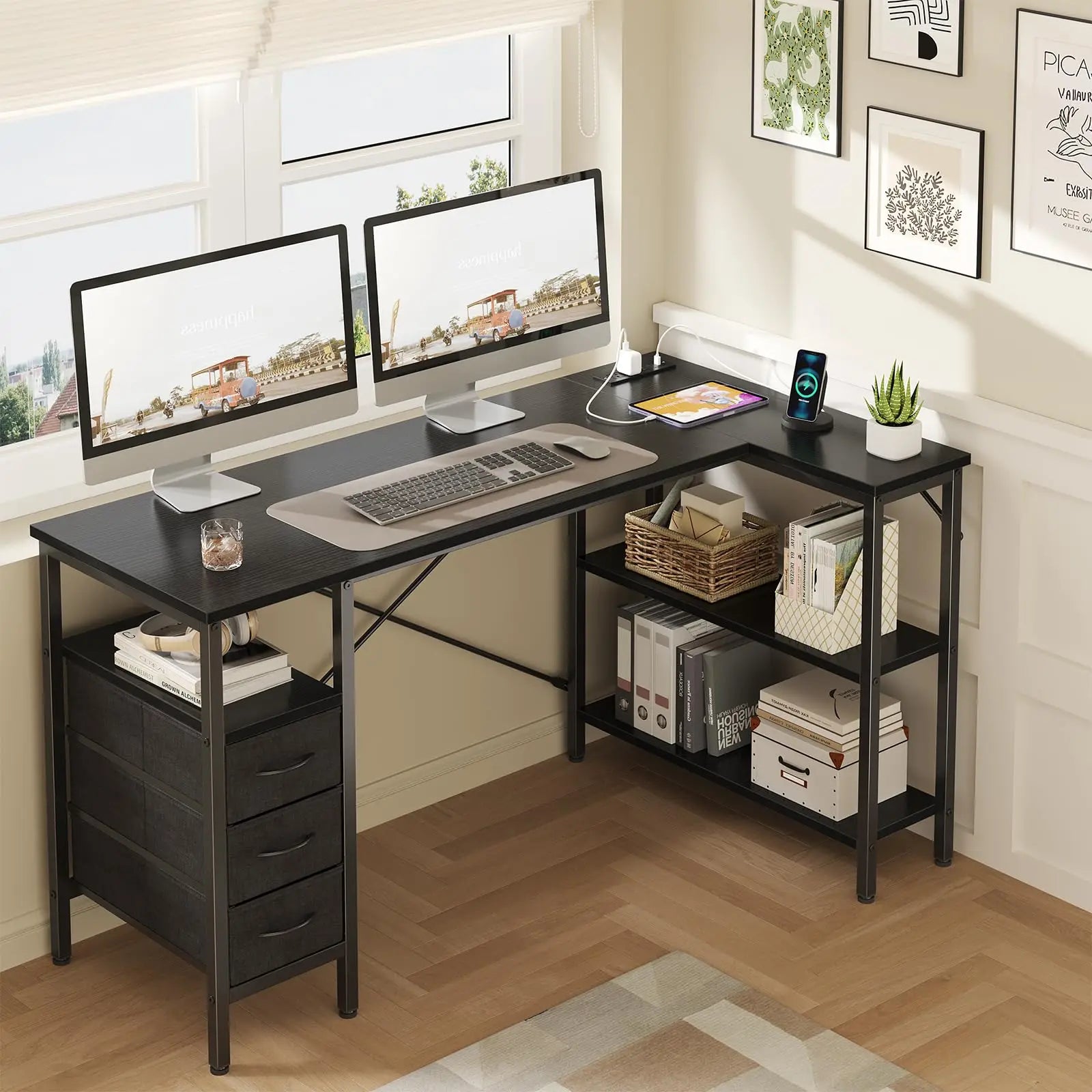 L Shaped Desk with Shelf & Drawers Stylish Home Office Desk