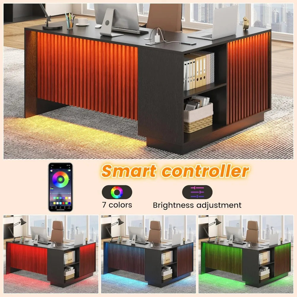 Executive Desk/LED Lights/Charging Station & Storage