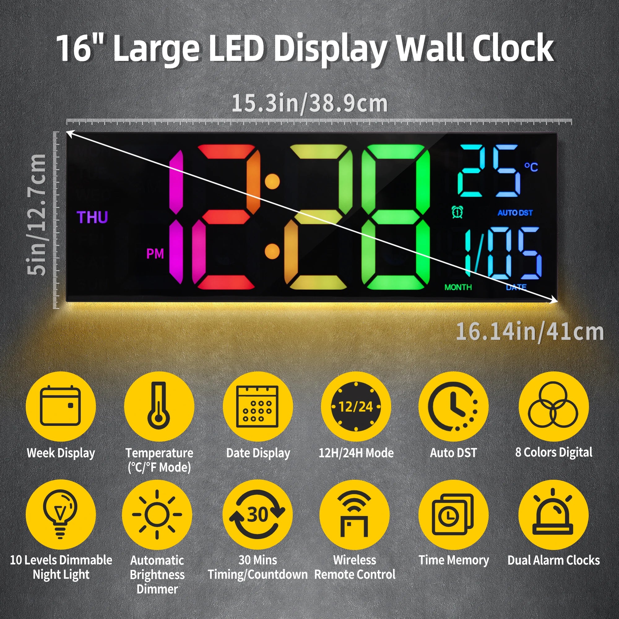 Large 16 Digital Wall Clock for Home Office or Classroom