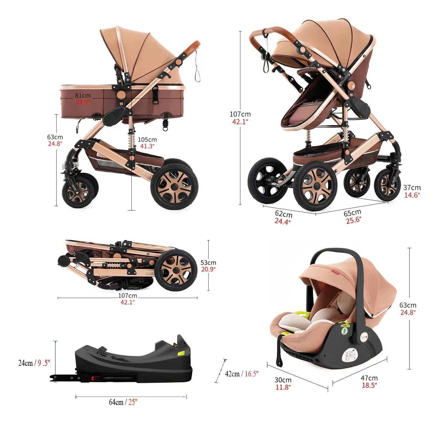 3 In 1 Baby Stroller with Car Seat and Carry Cot
