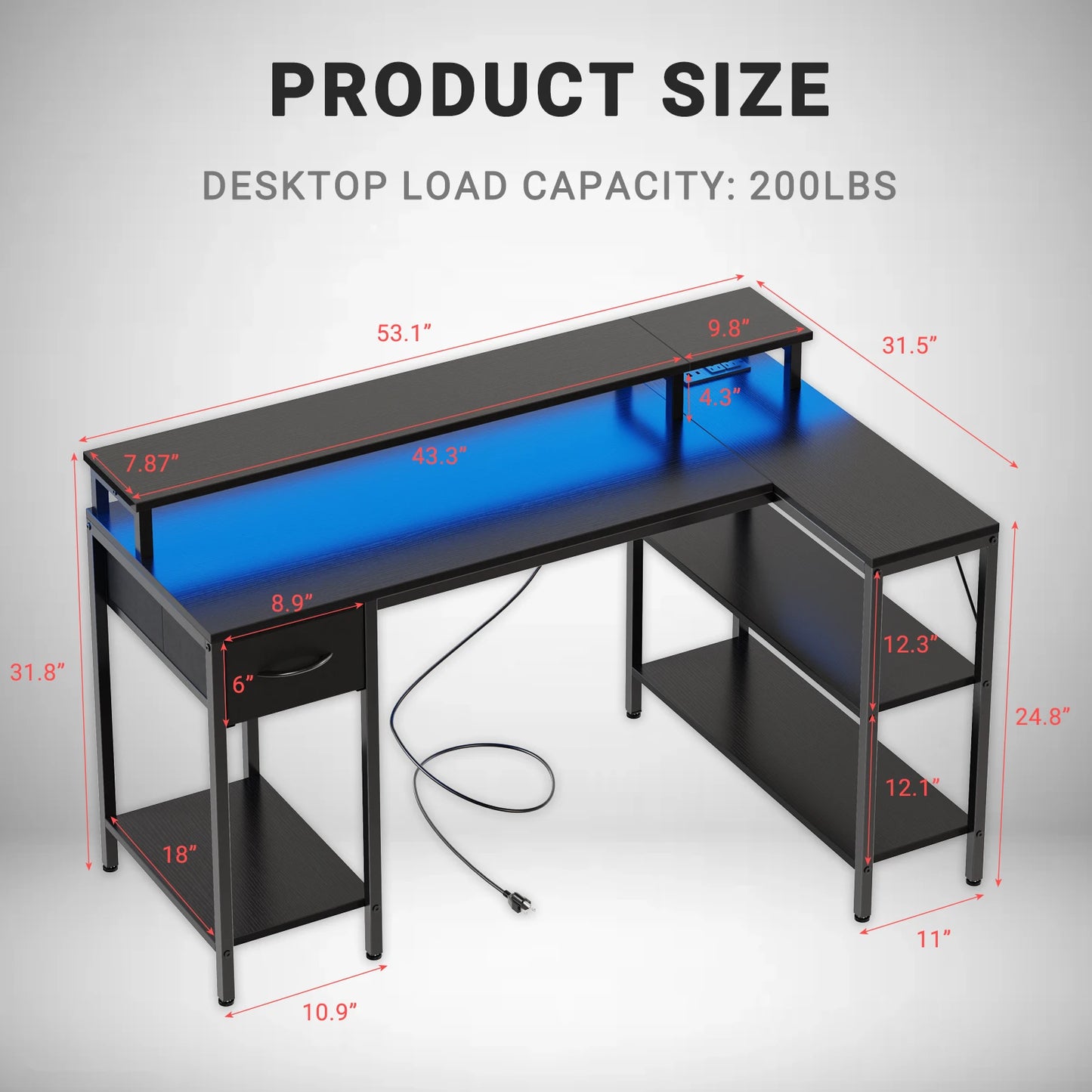 L shaped gaming desk with USB