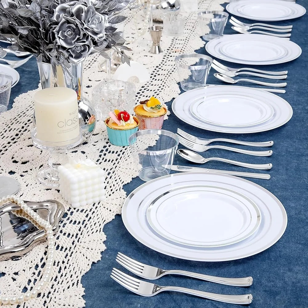 Silver Plastic Dinnerware Set 300 PCS