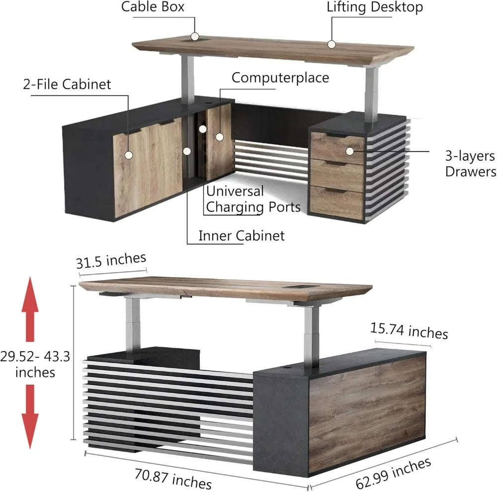 Adjustable Height Desk/Drawers/Charging Ports