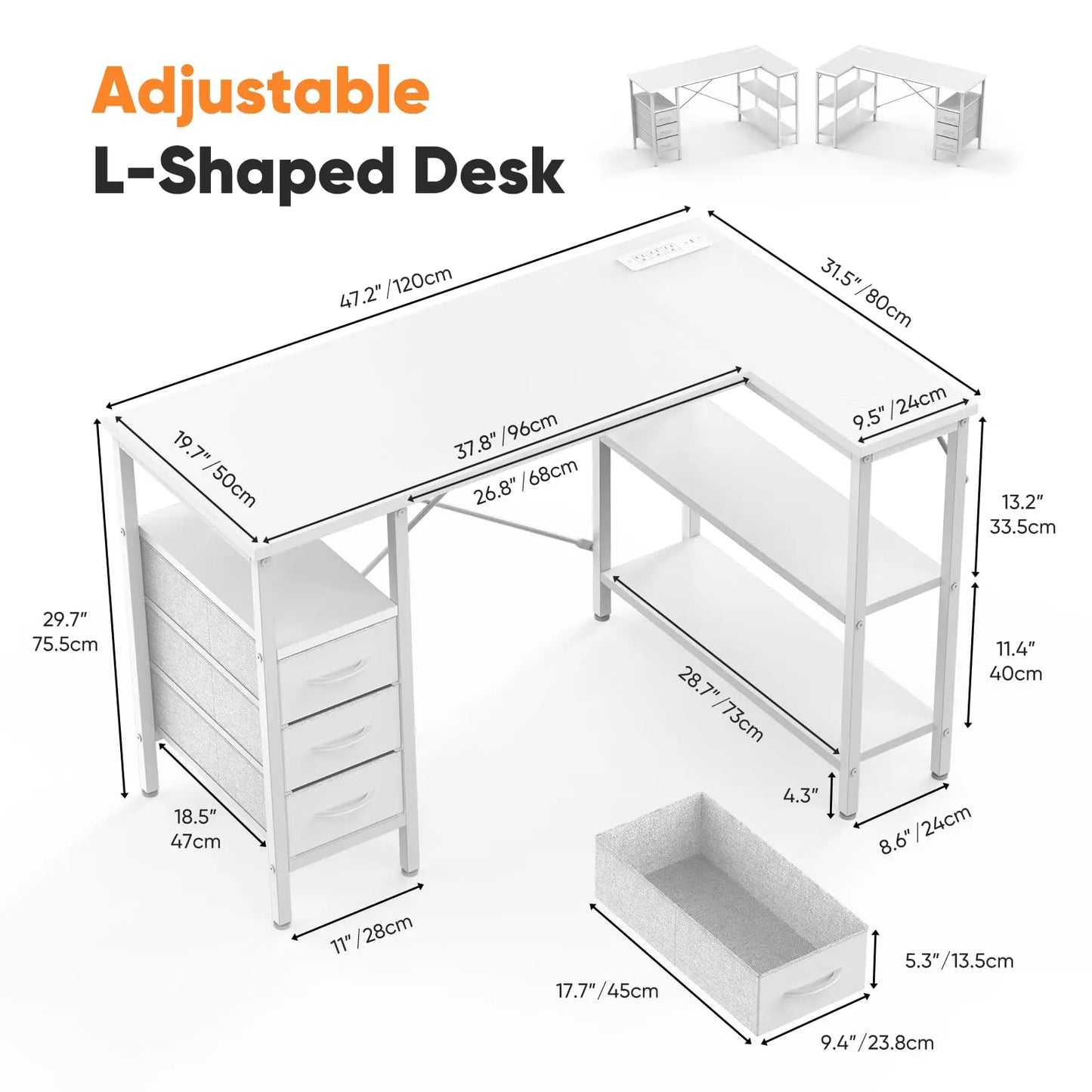 L Shaped Desk with Shelf & Drawers Stylish Home Office Desk
