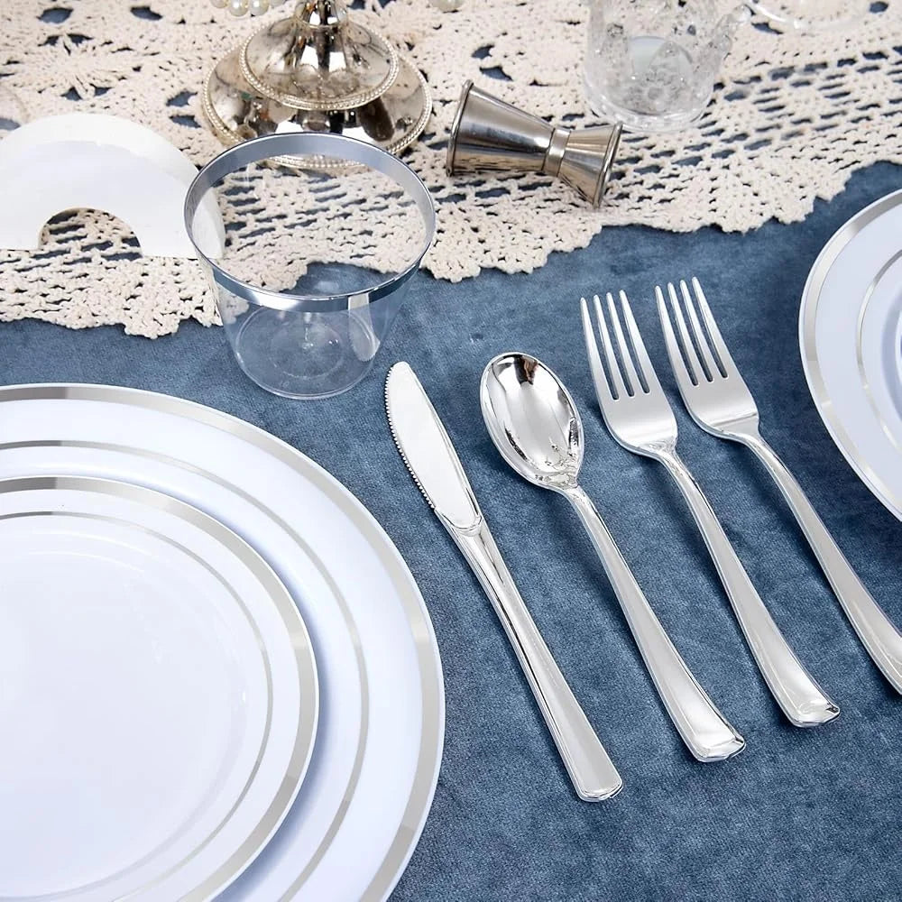 Silver Plastic Dinnerware Set 300 PCS