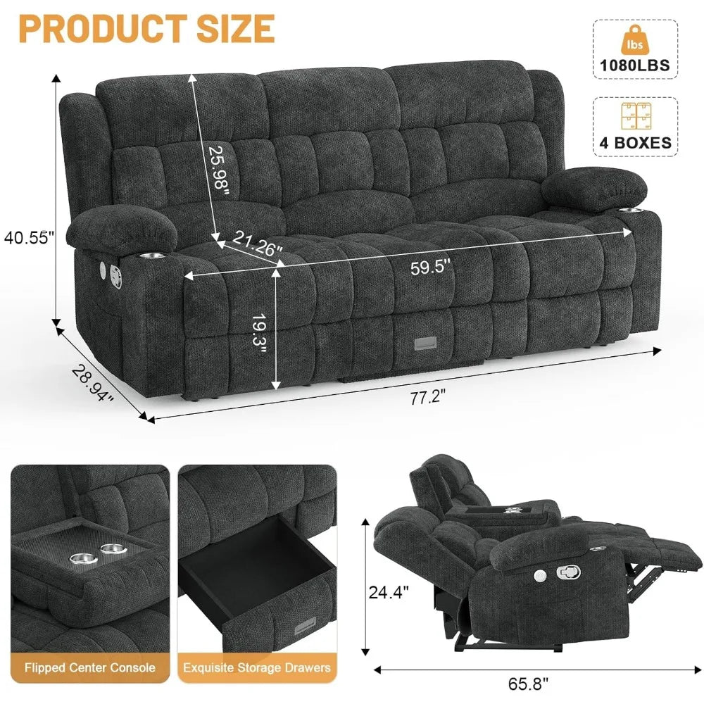 Modern 3 Seat Reclining Sofa for Living Rooms & Lounging