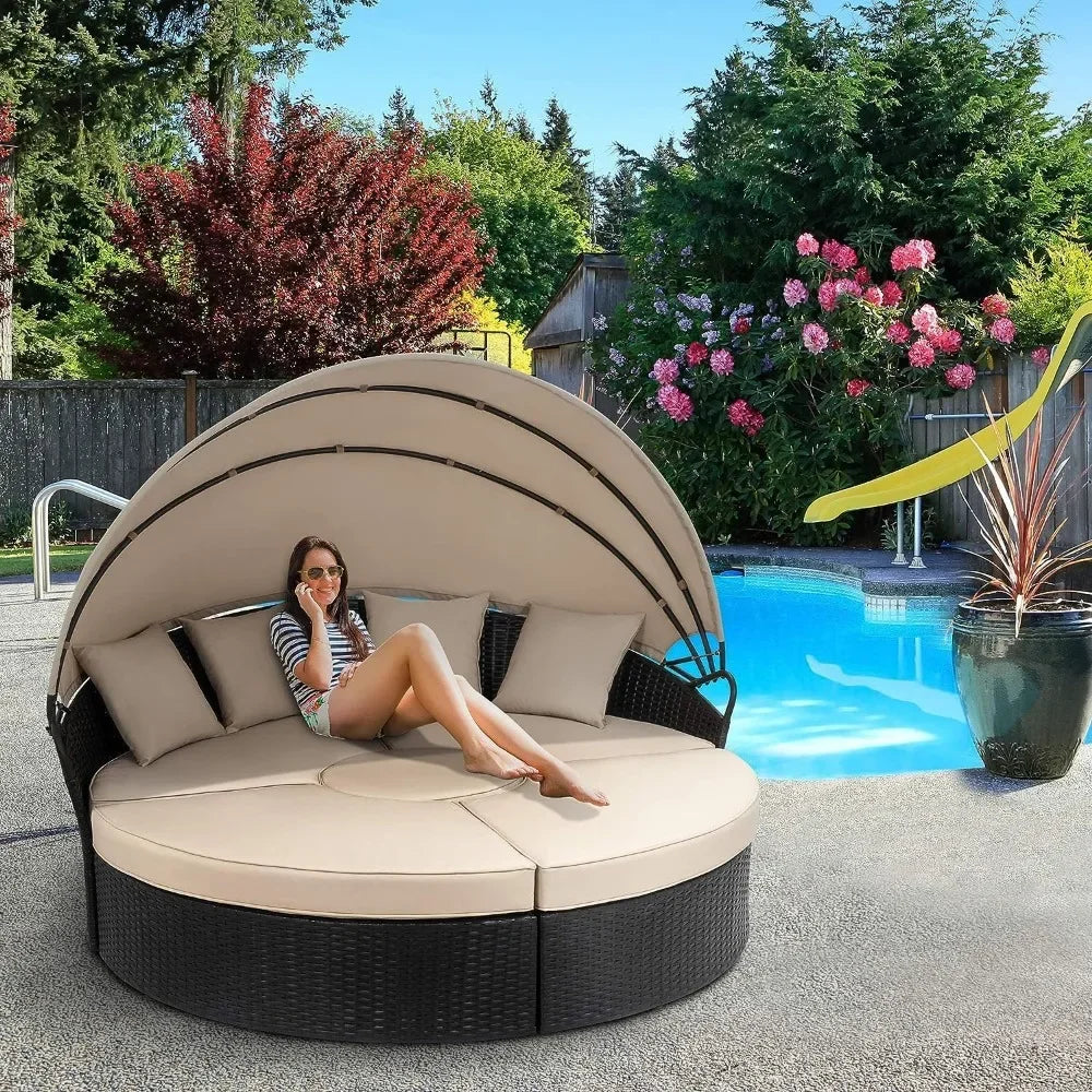 Patio Furniture Round Daybed Retractable Canopy