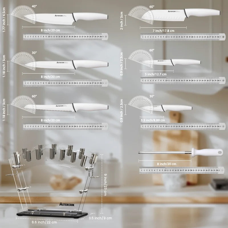 White Knives with Sharpener Block