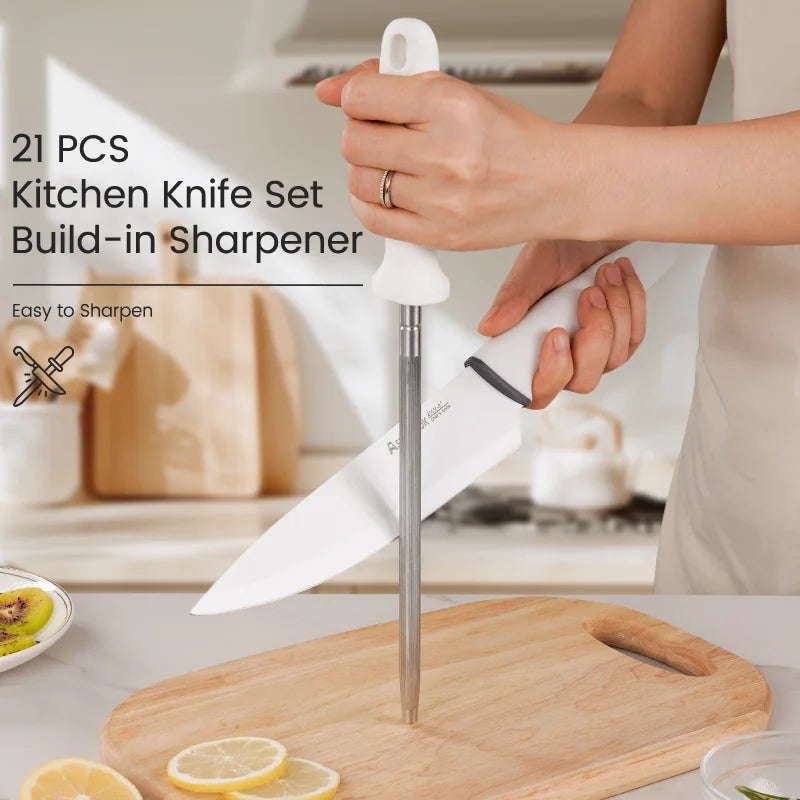 White Knives with Sharpener Block