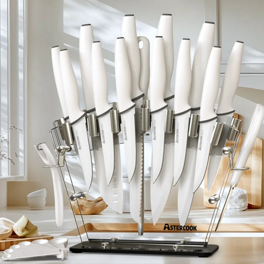 White Knives with Sharpener Block