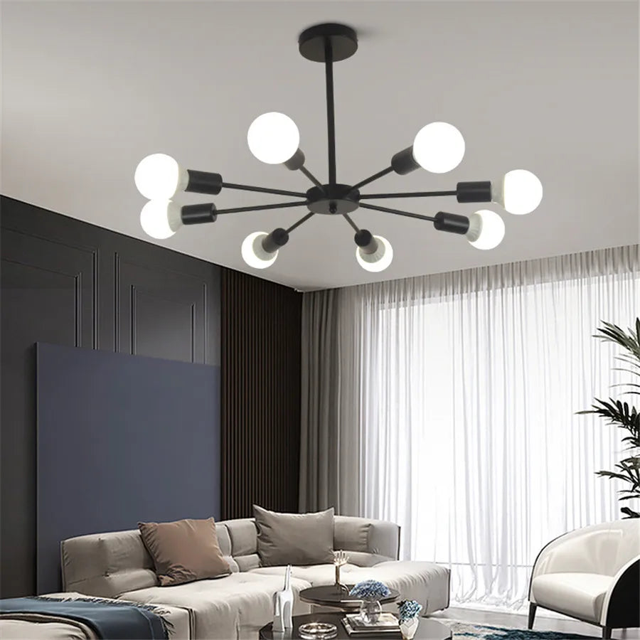 Modern flush mount ceiling light in living room with minimalist black design and LED bulbs