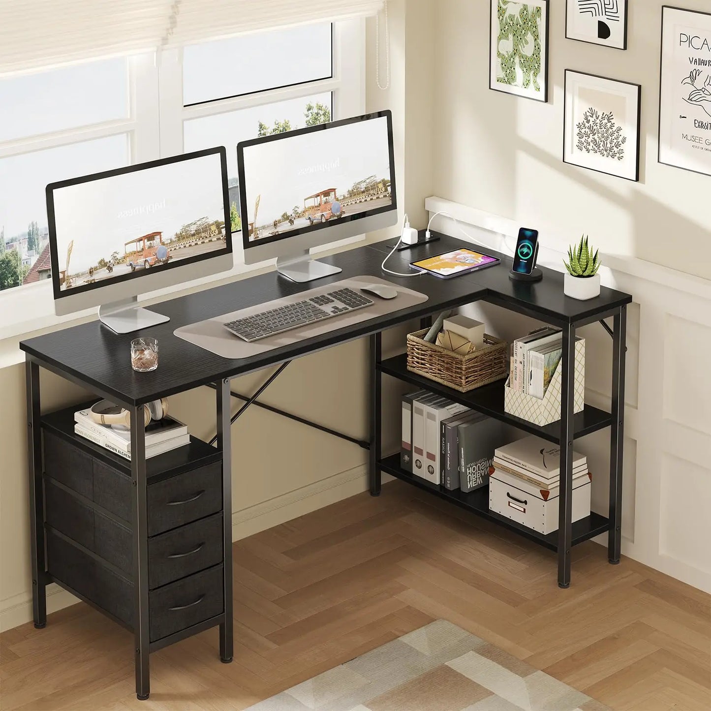 L Shaped Desk with Shelf & Drawers Stylish Home Office Desk