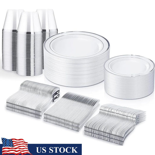 Silver Plastic Dinnerware Set 300 PCS