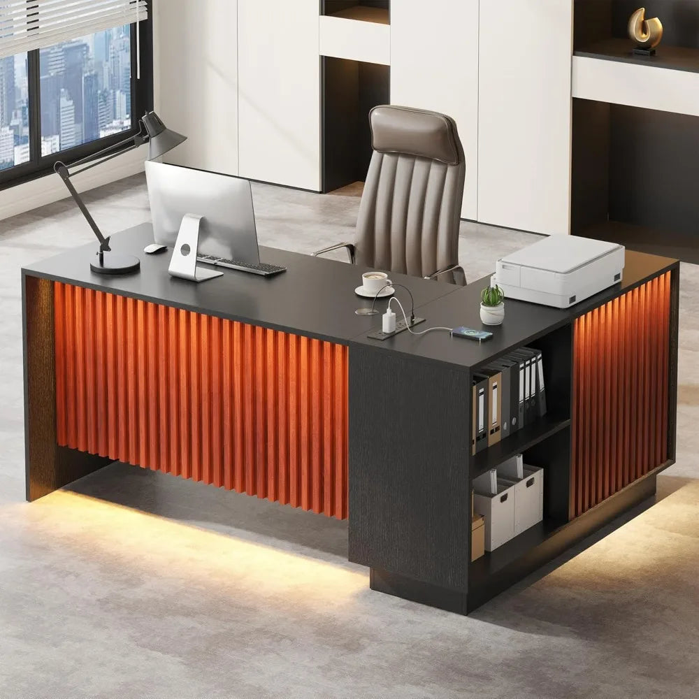 Executive Desk/LED Lights/Charging Station & Storage