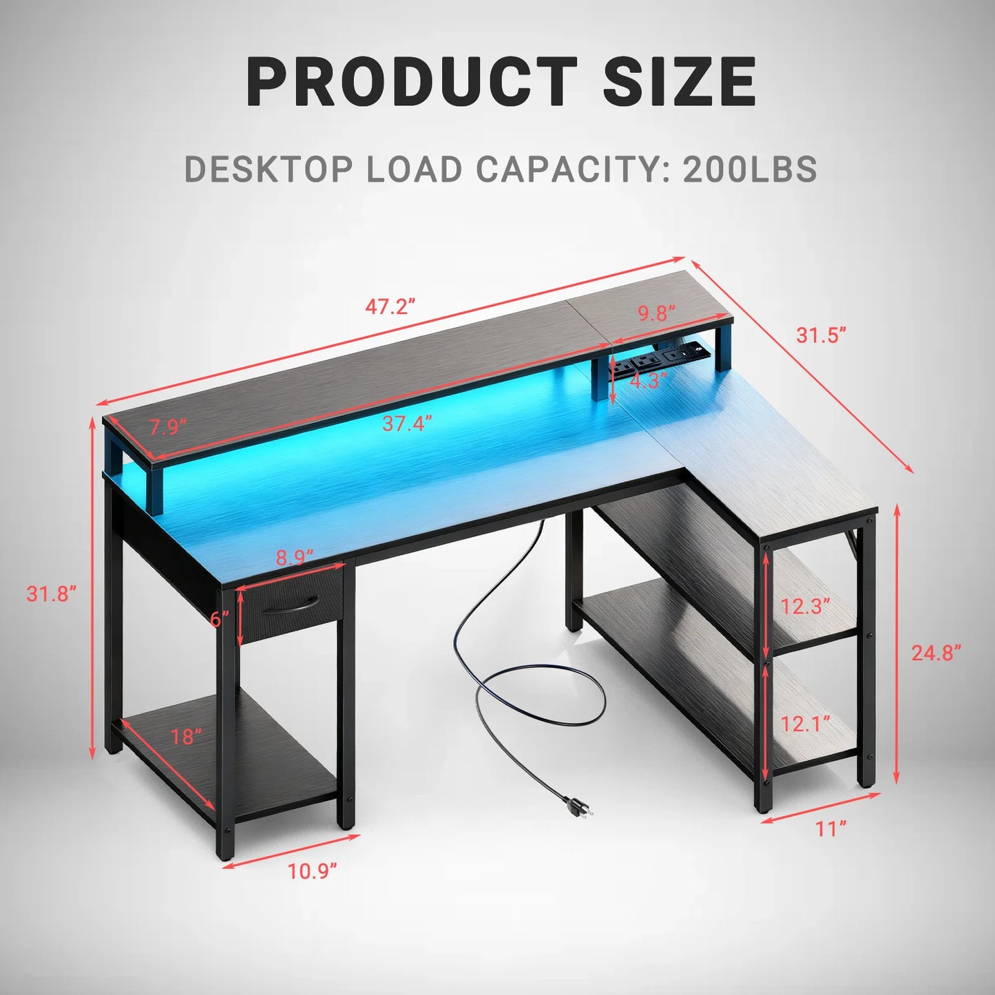 L shaped gaming desk with USB 