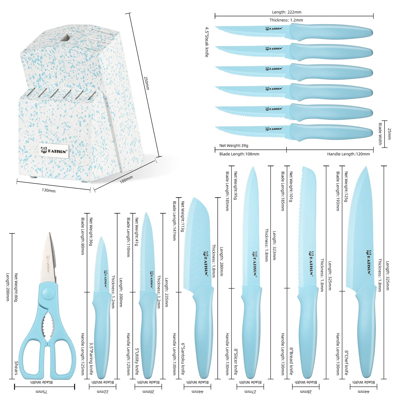 Complete 14-Piece Blue Knife Set for Kitchen Use