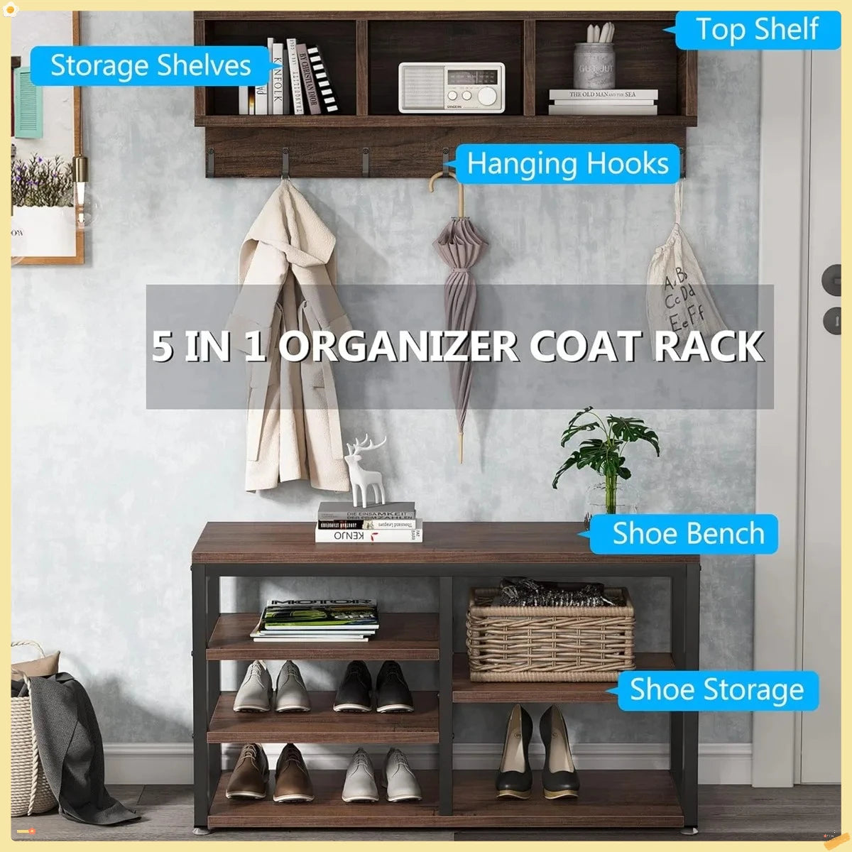Shoe Rack with Coat Hooks