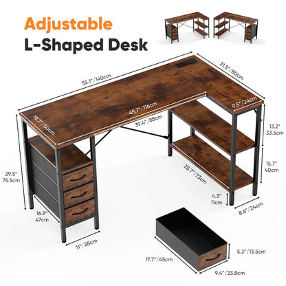 L Shaped Desk with Shelf & Drawers Stylish Home Office Desk