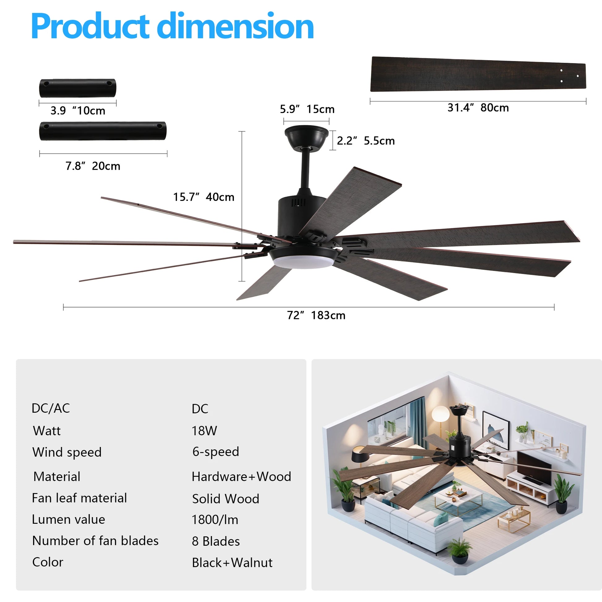 Ceiling Fan 72 Inch LED Lights