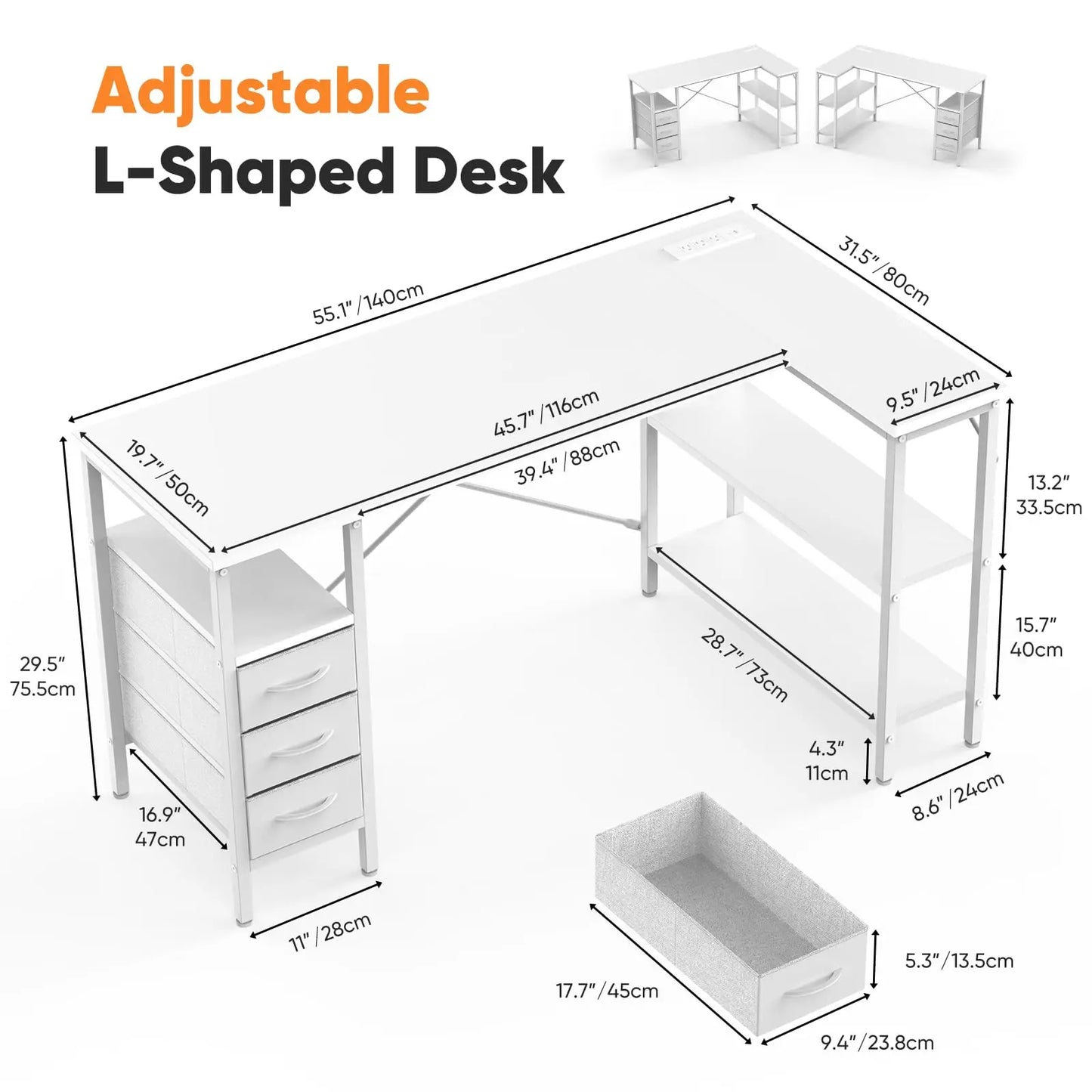 L Shaped Desk with Shelf & Drawers Stylish Home Office Desk