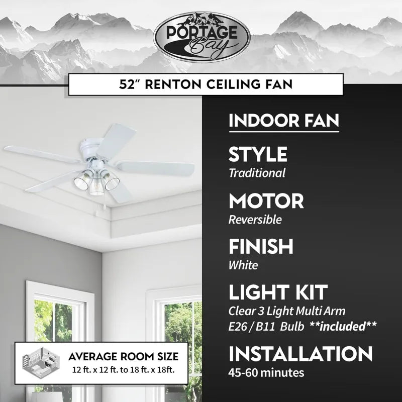 52" Ceiling Fan/Clear 3 Lights/LED