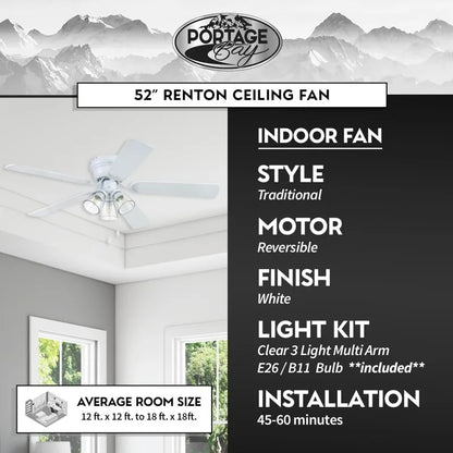 52" Ceiling Fan/Clear 3 Lights/LED