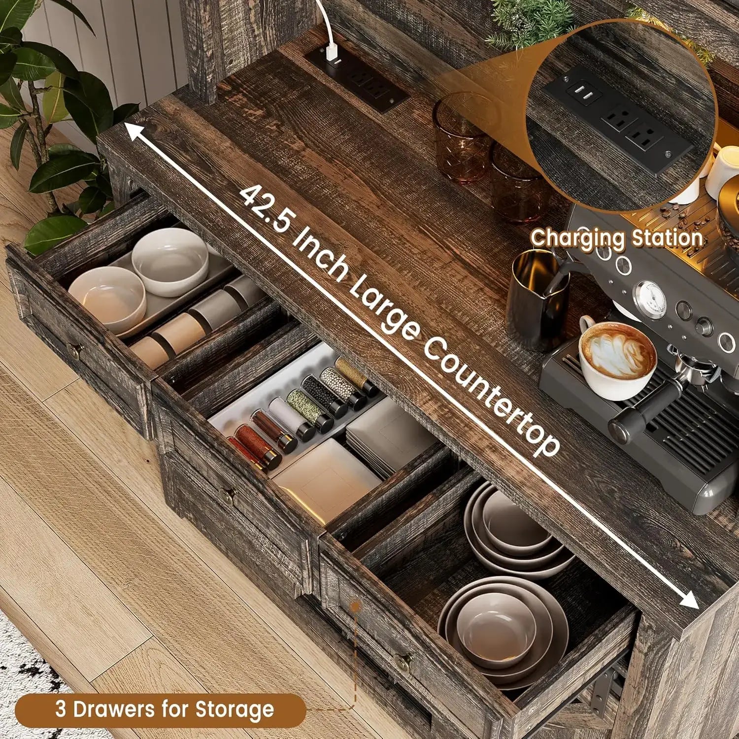 Coffee Bar with Power Outlet and LED Lighting