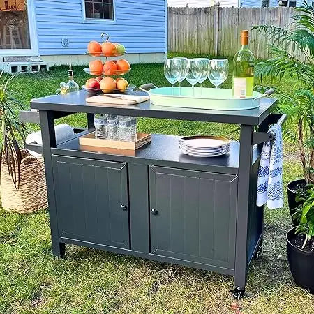 Metal Outdoor Grill Table with Shelves & Prep Space