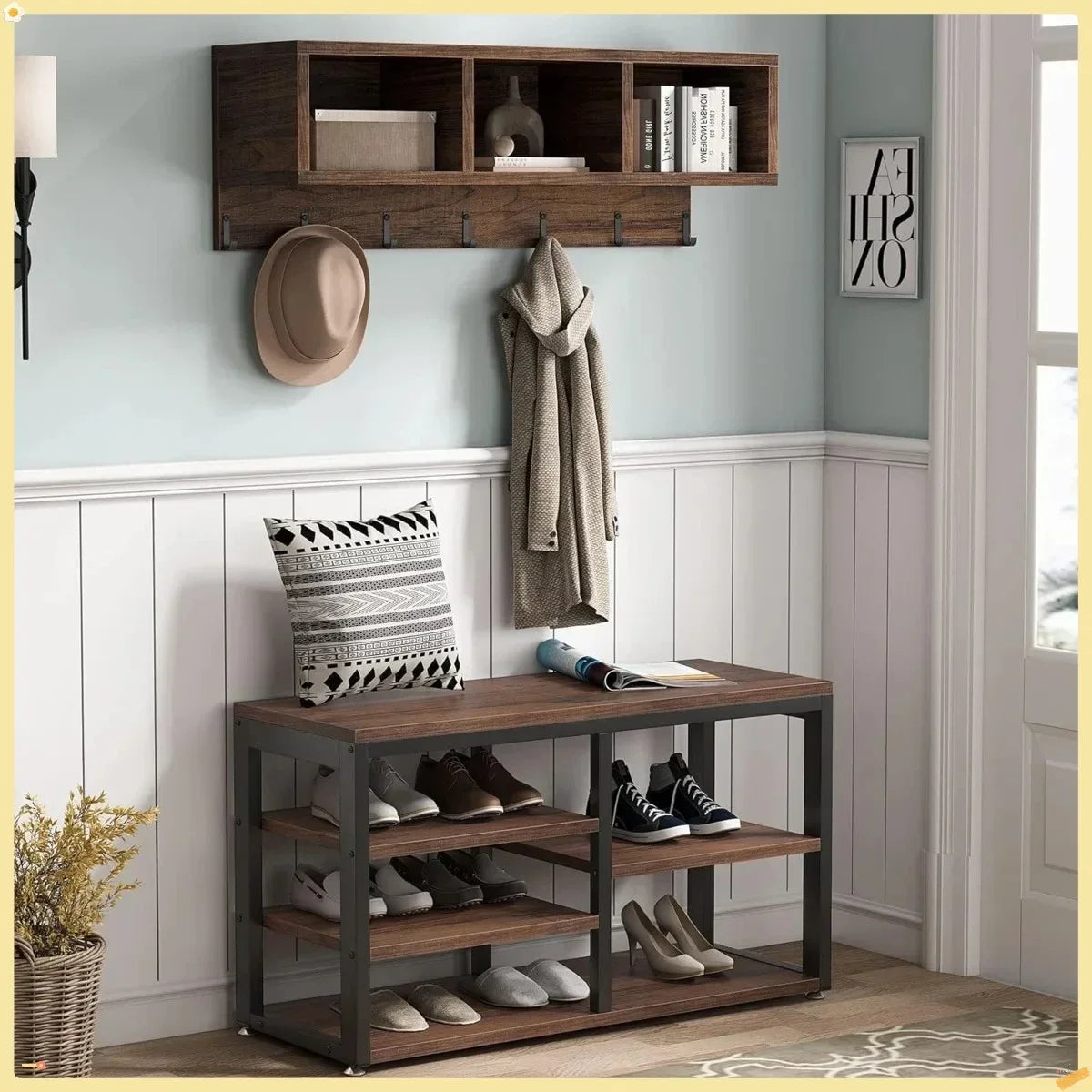 Shoe Rack with Coat Hooks