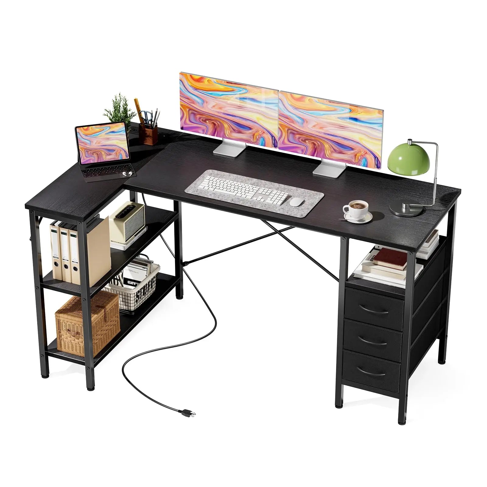 L Shaped Desk with Shelf & Drawers Stylish Home Office Desk