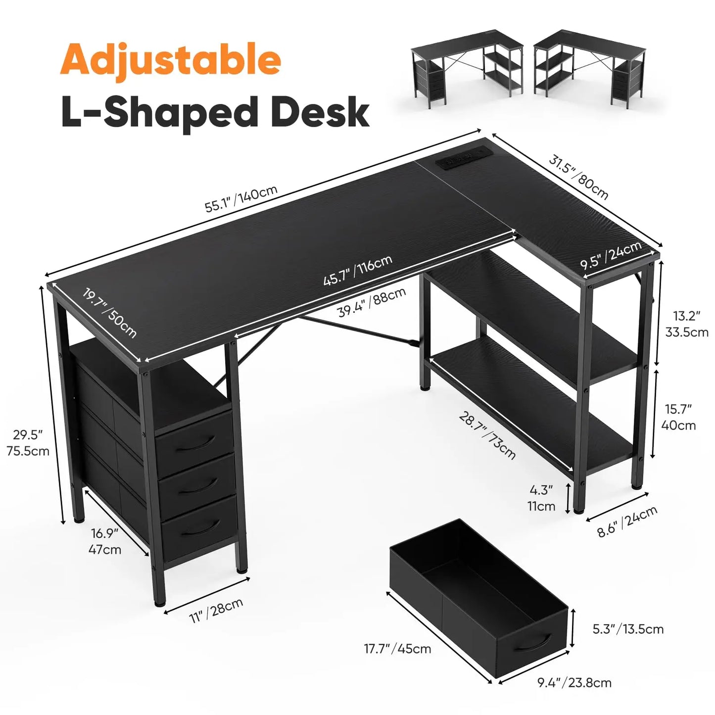 L Shaped Desk with Shelf & Drawers Stylish Home Office Desk
