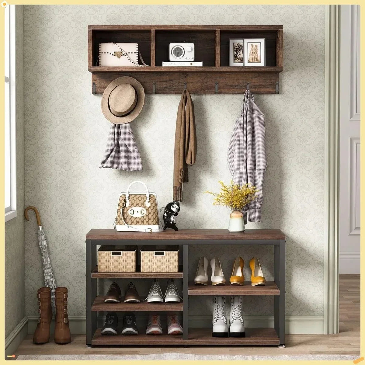 Shoe Rack with Coat Hooks