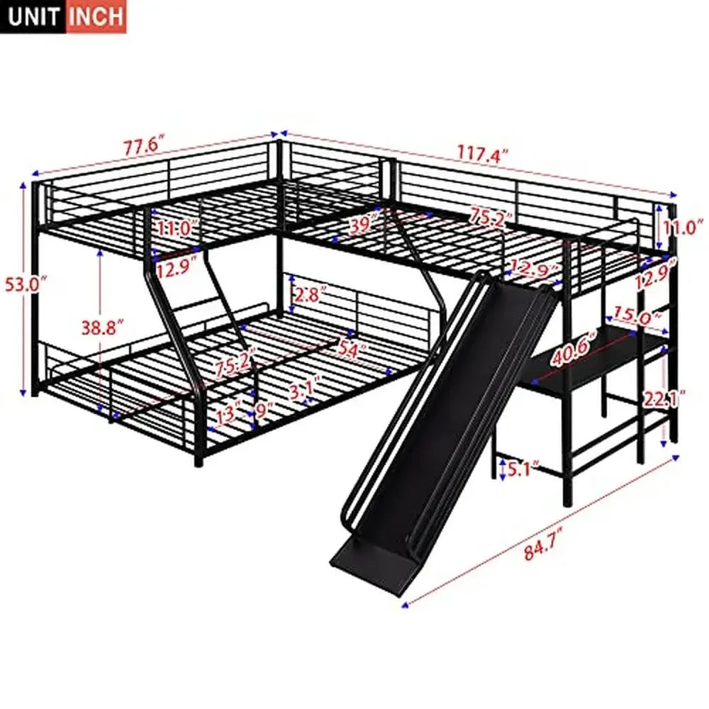 Metal L-Shaped Triple Bunk Bed