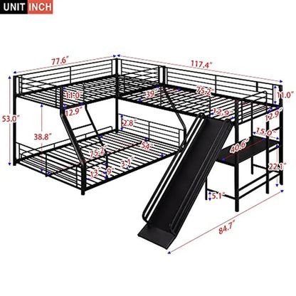 Metal L-Shaped Triple Bunk Bed