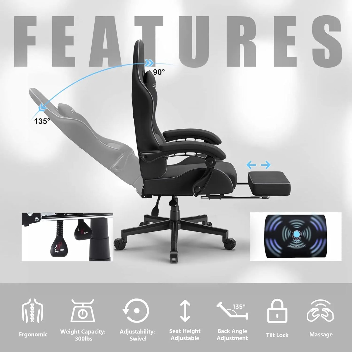 Gaming Chair with Headrest, Footrest