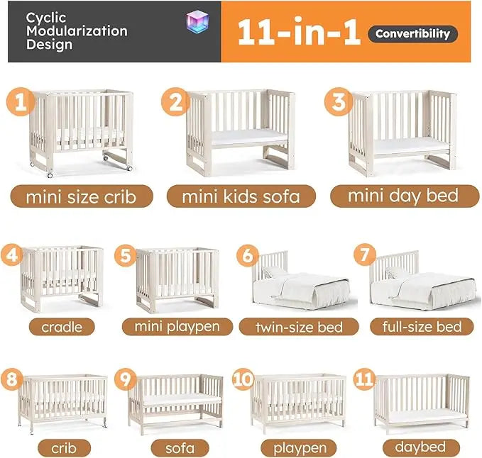 Convertible Baby Crib with Adjustable Mattress & Safety Rail