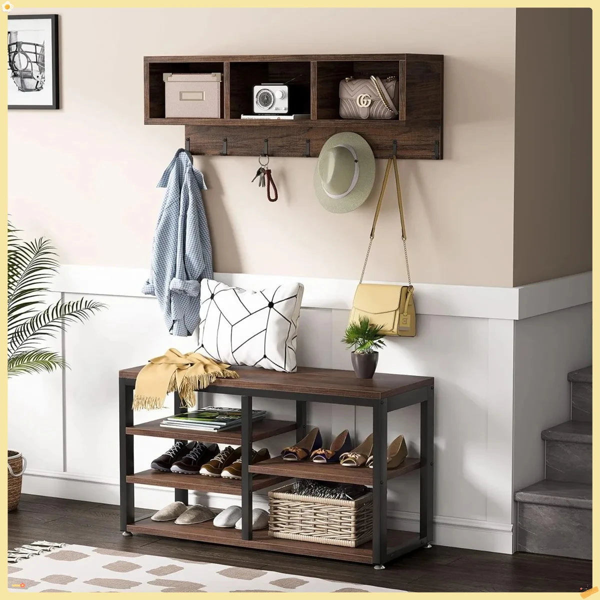 Shoe Rack with Coat Hooks