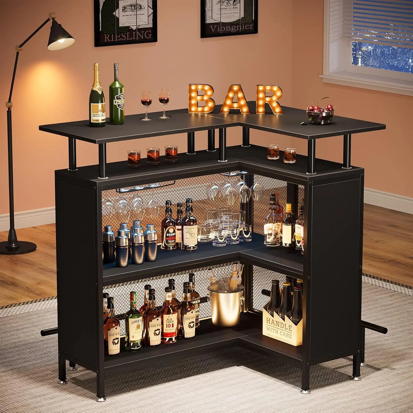 L-Shaped Bar Coffee Cabinet for Home Kitchen and Living Room