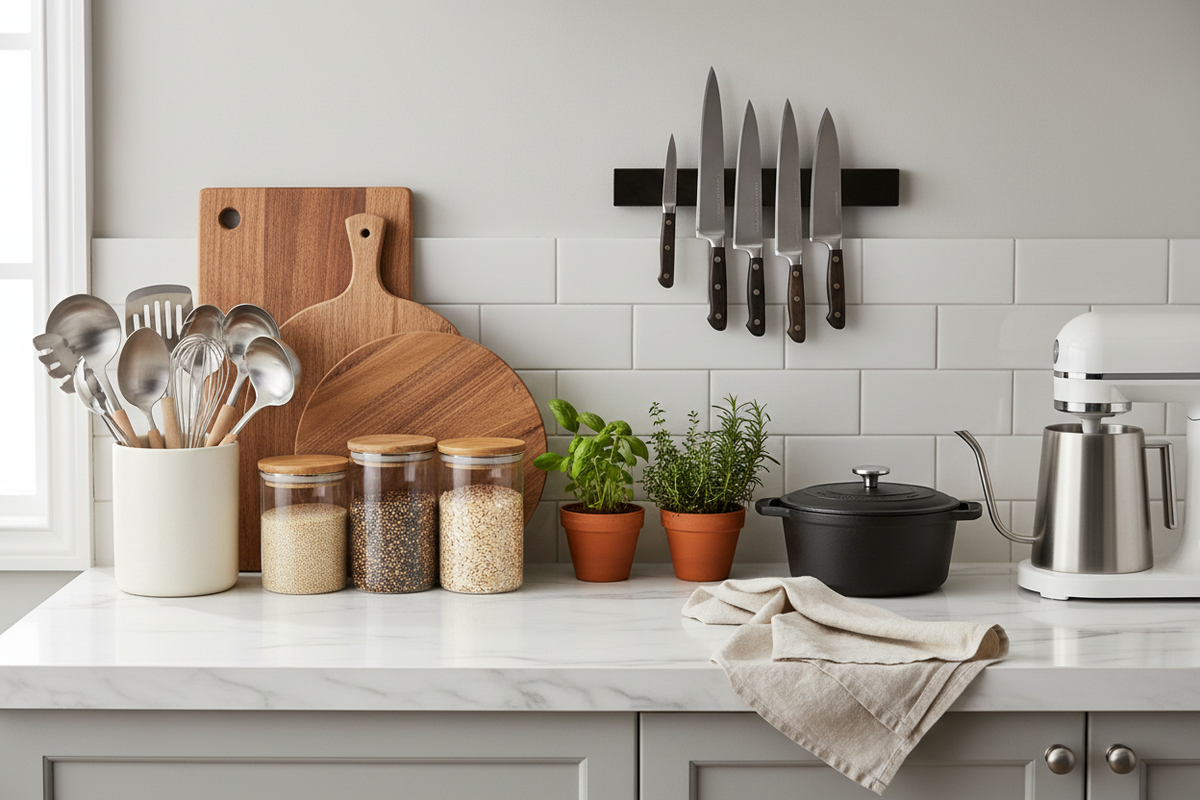 a clean and professional and well organized image of kicthen essential 