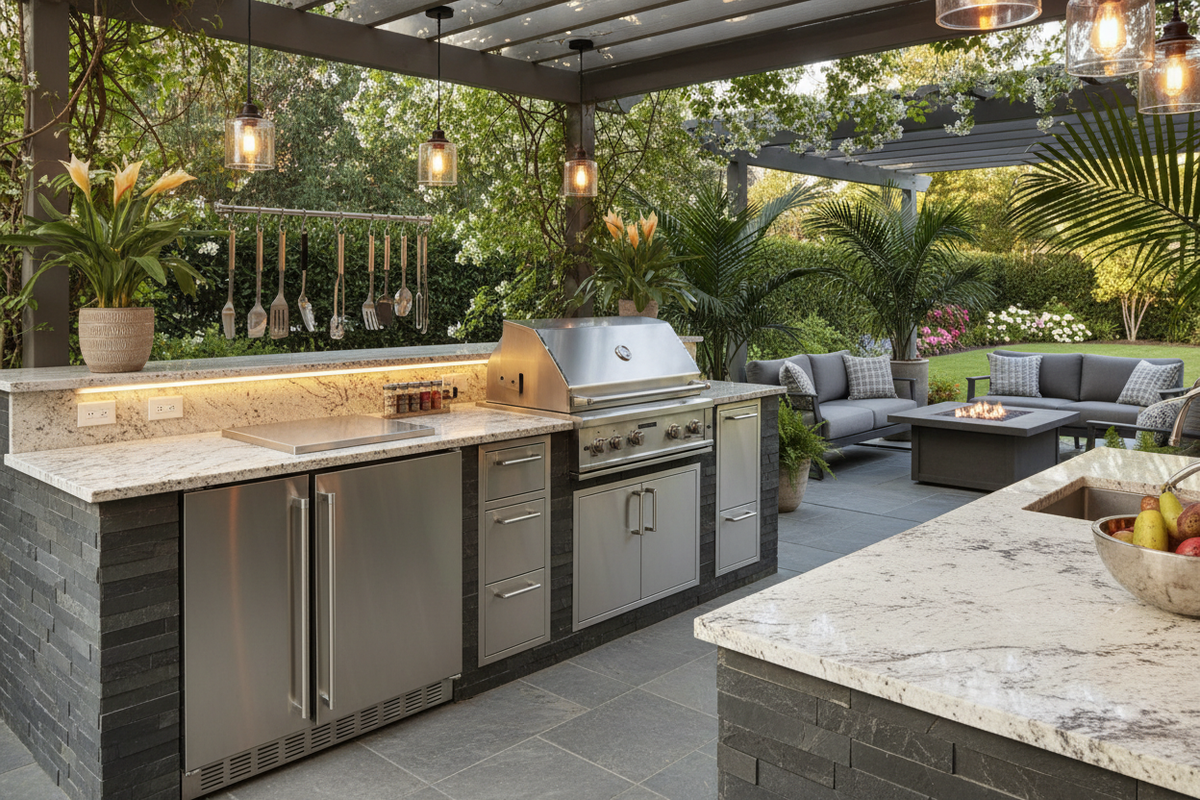 image of a well oganized an well setup and look professional o a outdoor kitchene